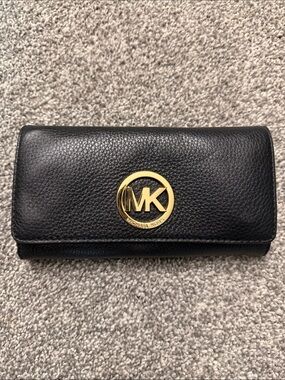 Michael Kors Black Pebbled Leather Continental Wallet with Gold MK Emblem